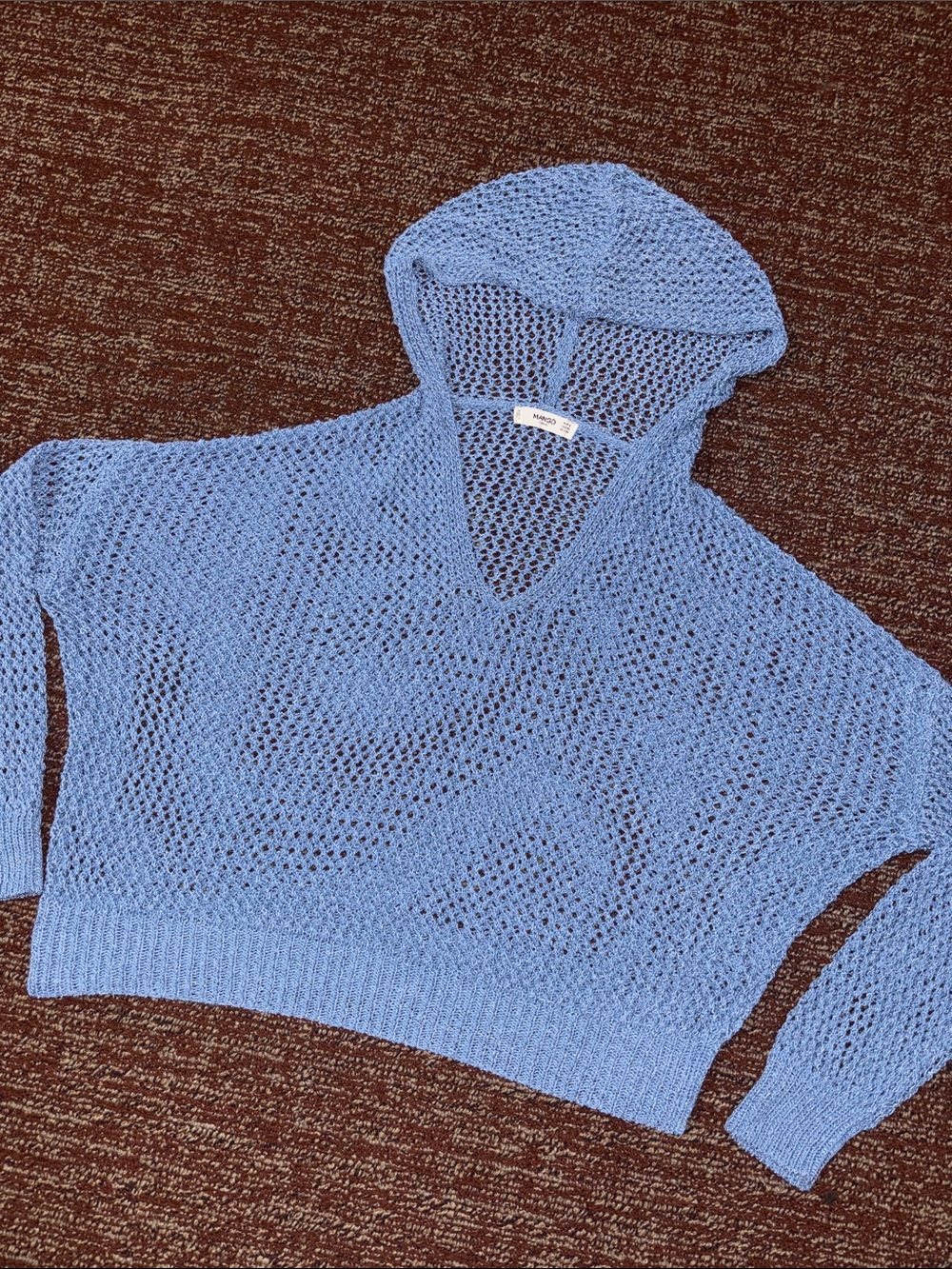 Mango Light Blue Open-Knit V-Neck Hooded Sweater lightweight boxy relaxed Xs